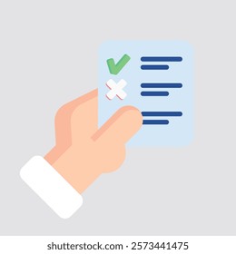 Hand holding paper with green check mark and white cross over a checklist of blue lines