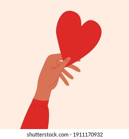 Hand holding paper heart. Vector illustration in minimalistic style. 