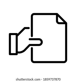 Hand holding paper icon. Line vector. Isolate on white background.