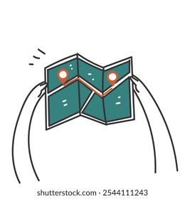 Hand, die eine Papierkarte in Doodle hält, handgezeichnete Cartoons