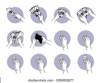 Hand holding paper money and coin. Vector illustrations of hand holding cash, counting money, paying, buying, and empty wallet.