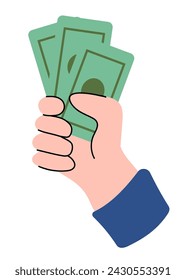 Mano sosteniendo papel moneda. Ilustración vectorial en estilo plano.