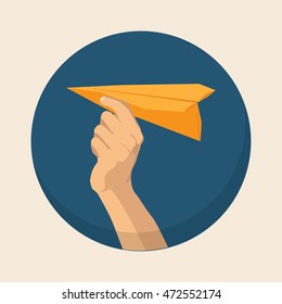 Hand holding paper plane flat vector design illustration