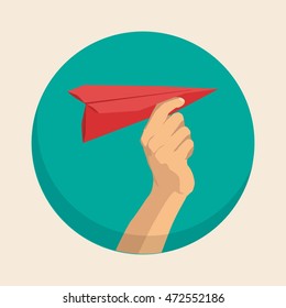 Hand holding paper plane flat vector design illustration