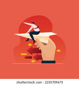 Hand Holding Paper plane and Helping businessman to Take off vector concept, Helping Hand Illustration
