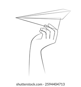 Hand holding a paper plane one line drawing on white isolated background