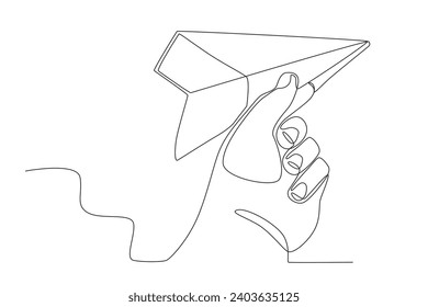 A hand holding a paper plane. Paper plane one-line drawing