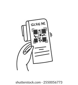 papel de mão segurando com qr código recibo em desenho de doodle mão desenho animado