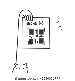 Mano que sostiene el papel con el Comprobante del código de QR en dibujos animados del dibujo a mano del doodle