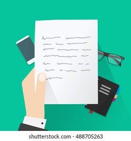 Hand holding paper sheet with abstract text under work desk vector illustration, concept of writing letter, writer desk, workspace, paper work, flat cartoon design on green background