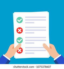 Hand holding papers with claim form on it, paper sheets, check marks tick OK and crosses X in the circle on the list isolated on light blue background flat style vector illustration