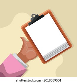 hand holding paperwork on clipboard cartoon