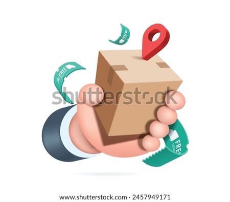 Hand holding parcel box or cardboard box and free shipping label and pin map floating around the air, vector 3d isolated for delivery and online shopping concept design, vector cartoon minimal style