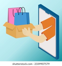 la caja del paquete de mano destaca fuera del teléfono, concepto de compra en línea.