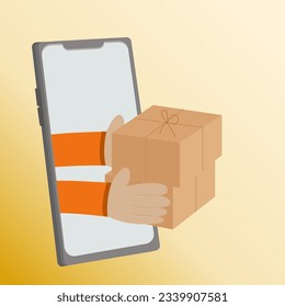 la caja del paquete de mano destaca fuera del teléfono, concepto de compra en línea.