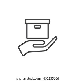 Hand holding parcel, Delivery service outline icon, line vector sign, linear style pictogram isolated on white. Symbol, logo illustration. Editable stroke. Pixel perfect