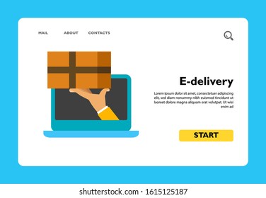 Hand holding parcel emerging from laptop screen. Transportation, online, order. E-delivery concept. Can be used for topics like transport, delivery, business.