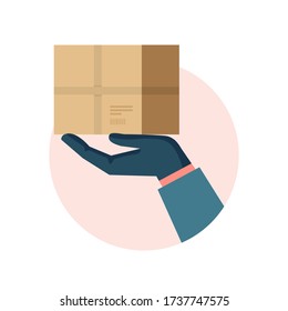 Hand holding parcel. Vector illustration concept for safe delivery, online shopping, quarantine shipping 