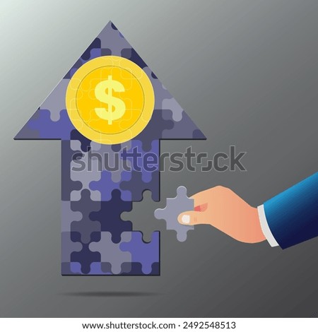 Hand holding part of puzzle completes money arrow sign vector