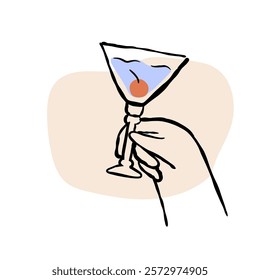 Hand holding party drink icon isolated. Cocktail glass raised. Hand drawn doodle outline vector illustration