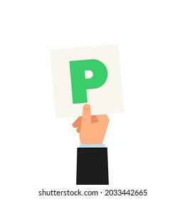 Hand Holding Passed Pass New Driver Green P Plate Icon. Clipart Image Isolated On White Background