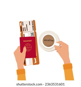 A hand holding a passport, airline tickets, a cup of coffee with the inscription "vacation". Vector illustration.