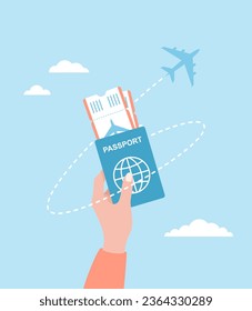 A hand holding a passport and airline tickets and an airplane flying around on a blue cloudy background. Flat vector illustration