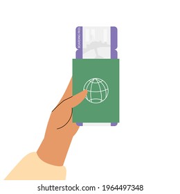 Hand holding passport with boarding pass. Vector illustration, travel concept