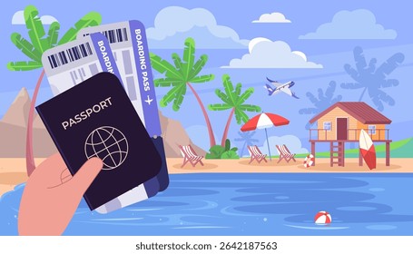 Hand holding a passport and boarding pass. Beach with palm trees in the background. Vector illustration in a flat style