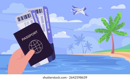 Hand holding a passport and boarding pass. Beach with palm trees in the background. Vector illustration in a flat style