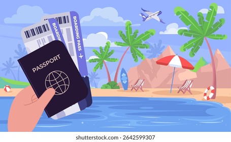 Hand holding a passport and boarding pass. Beach with palm trees in the background. Vector illustration in a flat style