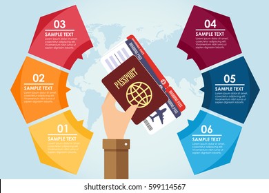 Hand Holding Passport And Boarding Pass. Circle Infographic With World Background. Vector Illustration