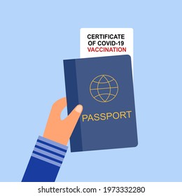 Hand holding passport and covid19 vaccination certificate  in flat design. Vaccine passport concept vector illustration.