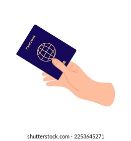 Hand holding passport. flat style. Personal identification concept. Hand holding international document. Vector illustration