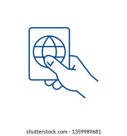 Hand holding passport line icon concept. Hand holding passport flat  vector symbol, sign, outline illustration.