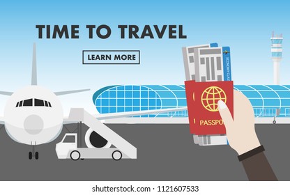 Hand holding passport with plane ticket before boarding he airplane at the airport with text time to travel and background of airport terminal with air traffic control in summer day with blue sky