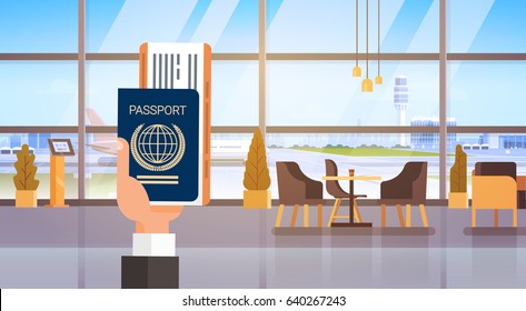 Hand Holding Passport Ticket Boarding Pass Travel Document Airport Background Flat Vector Illustration