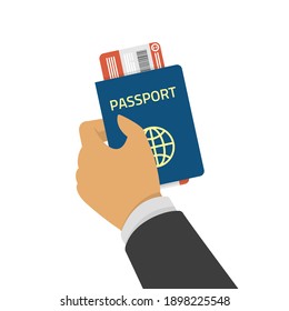 Hand holding passport with tickets. Concept travel and tourism. Travel documents. International passport. Vector illustration in flat style. 