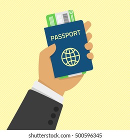 Hand holding passport with tickets. Concept travel and tourism. Travel documents. International passport. Vector illustration in flat style. 