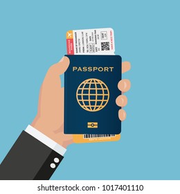 Hand holding passport with tickets flat icon isolated.