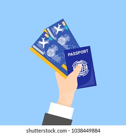 Hand Holding Passport And Tickets Isolated On Blue Background Flat Vector Illustration