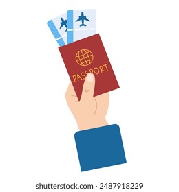 Hand holding passport with two airplane tickets. Travel, journey, vacation trip. Simple vector design