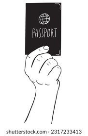 The hand is holding passports. Linear vector drawing, document control, customs, airport check. Travel illustration.