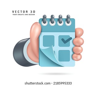 Hand holding pastel blue calendar 3d vector isolated on white background for designing media related to date, time, appointment or promotion period for shopping,vector minimal style
