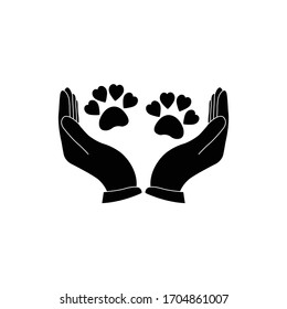 Hand holding paw icon. Animal care and protect