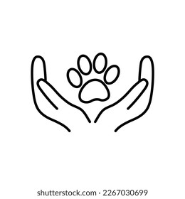 Hand holding paw icon. Animal care and protect