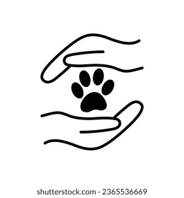 Hand holding paw icon. Animal care and protect