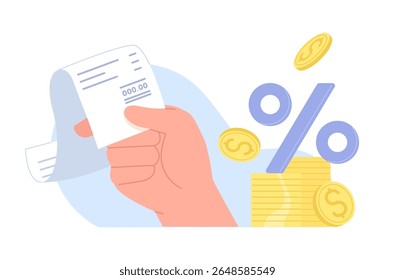 Mão segurando uma nota de pagamento ou recibo com uma pilha de dinheiro e um grande símbolo de porcentagem. Conceito de descontos, cashback, e ofertas especiais, poupança, negócios. Ilustração de vetor plano.