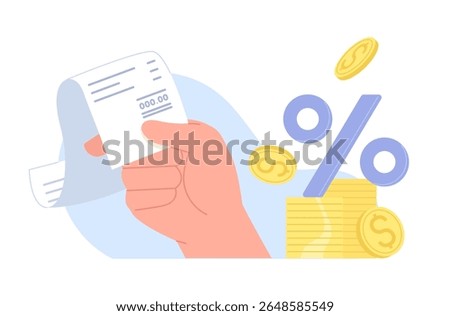 Hand holding a payment bill or receipt with a pile of money and a large percentage symbol. Concept of discounts, cashback, and special offers, savings, business. Flat vector illustration.