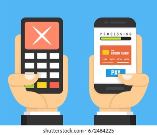 Hand holding payment terminal with cross check mark.  Hand holding smartphone with credit card. Flat cartoon style. Vector illustration.